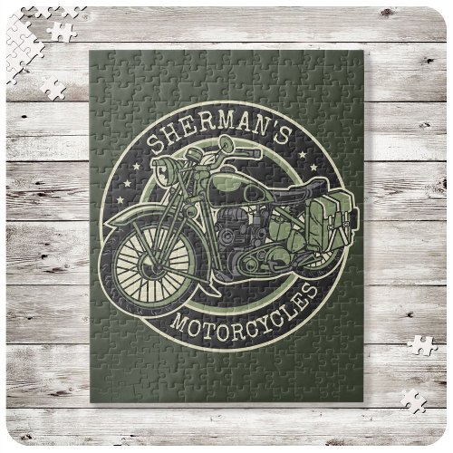 Personalized NAME Retro Military Motorcycle Biker Jigsaw Puzzle