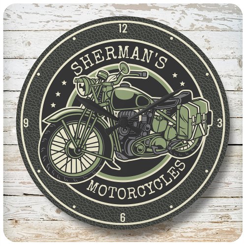 Personalized NAME Retro Military Motorcycle Biker Large Clock