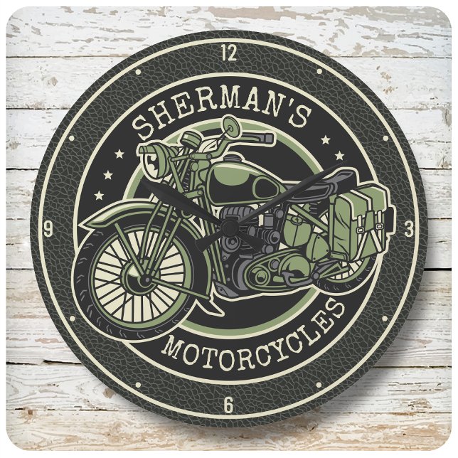 Personalized NAME Retro Military Motorcycle Biker Large Clock (Creator Uploaded)