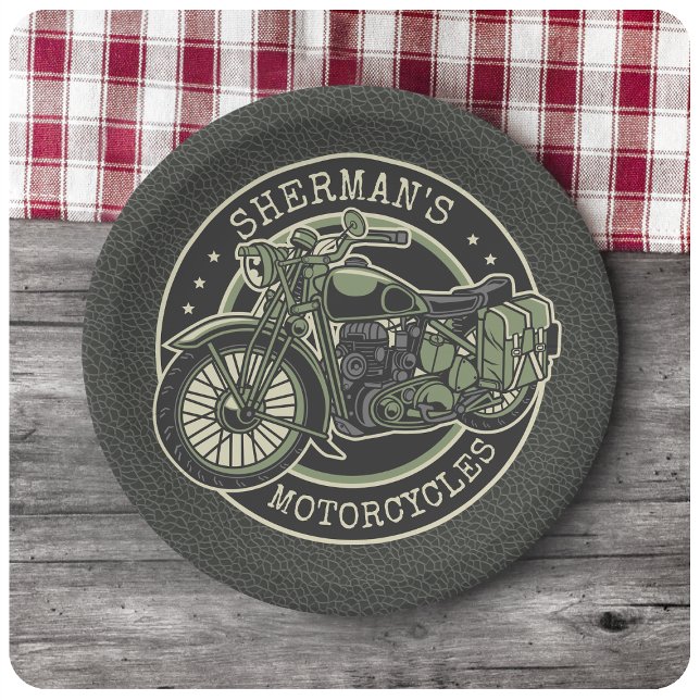 Personalized NAME Retro Military Motorcycle Biker Paper Plates (Creator Uploaded)