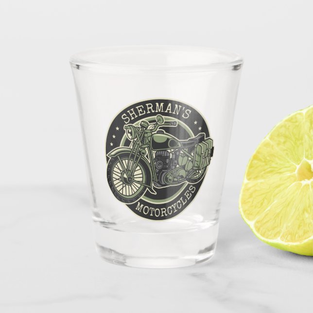 Personalized NAME Retro Military Motorcycle Biker Shot Glass (Front)