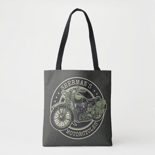 Personalized NAME Retro Military Motorcycle Biker Tote Bag (Front)
