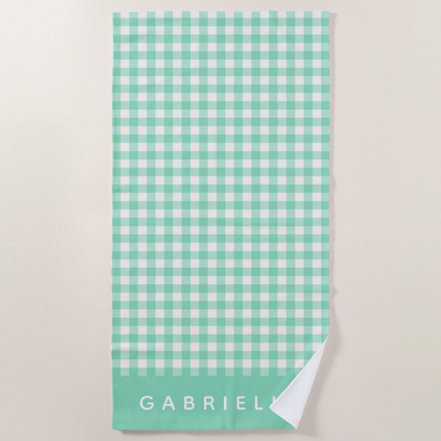 Personalized Name Retro Mint Green Gingham Plaid Beach Towel (Front)
