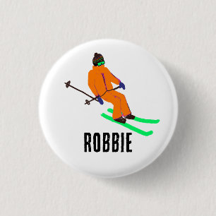 Personalized Name Retro Orange Skier Skiing Button