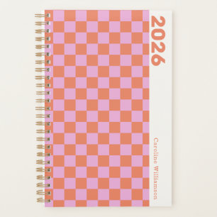 Personalized Name Retro Pink Orange Checkerboard Planner
