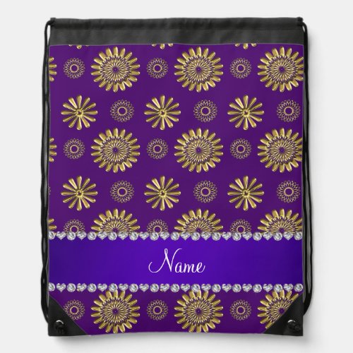 Personalized name retro purple gold flowers drawstring bag