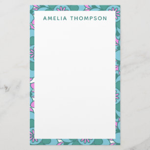 Personalized Name Retro Purple Green Floral Stationery