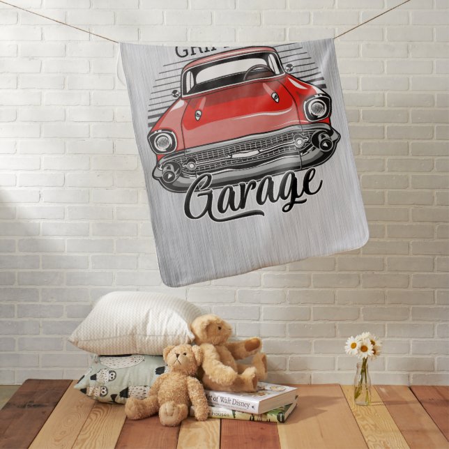 Personalized NAME Retro Red Classic Car Garage Baby Blanket (In Situ)
