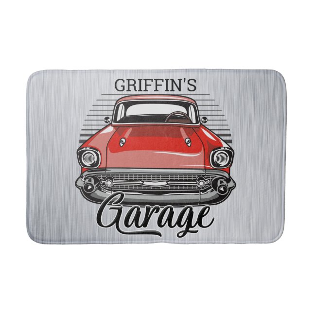 Personalized NAME Retro Red Classic Car Garage Bath Mat (Front)
