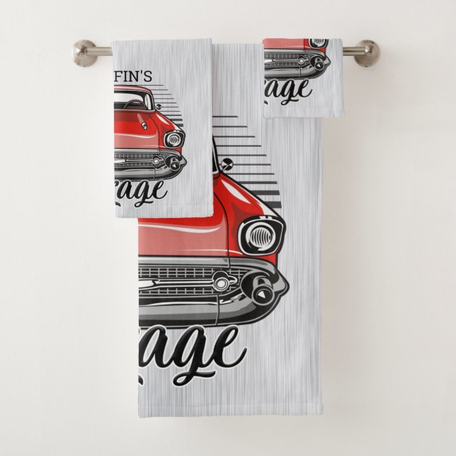 Personalized NAME Retro Red Classic Car Garage Bath Towel Set (Insitu)