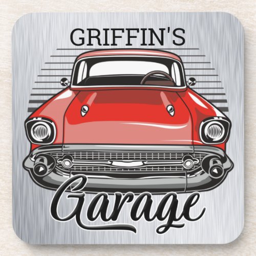 Personalized NAME Retro Red Classic Car Garage Beverage Coaster