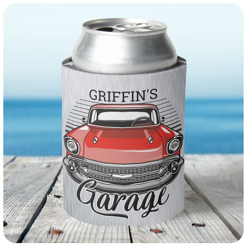 Personalized NAME Retro Red Classic Car Garage Can Cooler