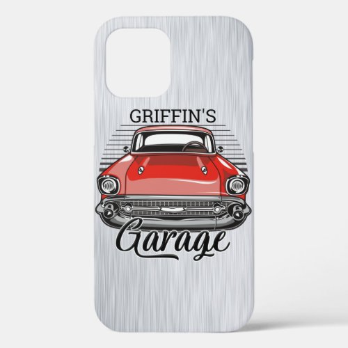 Personalized NAME Retro Red Classic Car Garage iPhone 12 Case