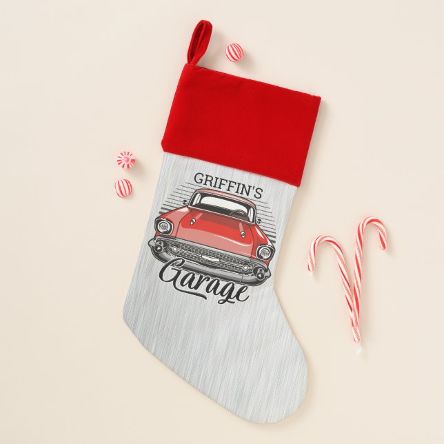 Personalized NAME Retro Red Classic Car Garage Christmas Stocking (Front)