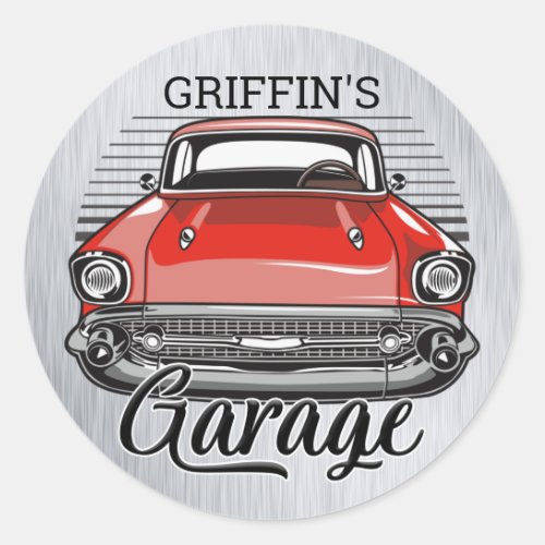 Personalized NAME Retro Red Classic Car Garage Classic Round Sticker