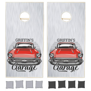 Personalized NAME Retro Red Classic Car Garage Cornhole Set
