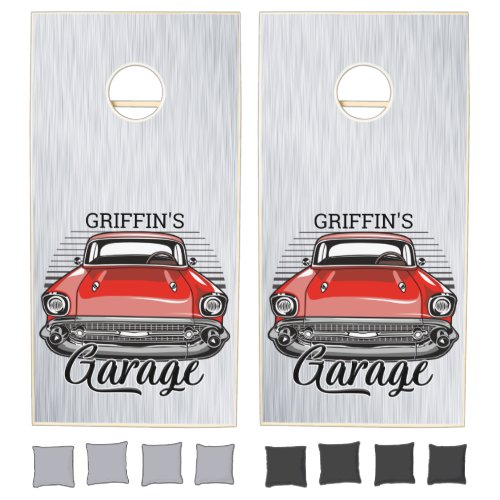 Personalized NAME Retro Red Classic Car Garage Cornhole Set