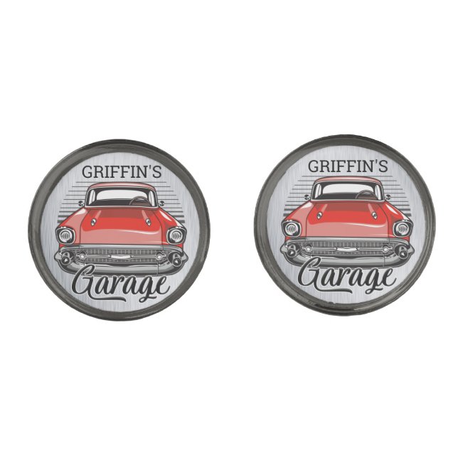 Personalized NAME Retro Red Classic Car Garage Cufflinks (Front)