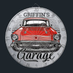 Personalized NAME Retro Red Classic Car Garage Dart Board<br><div class="desc">Personalized NAME Retro Classic Car Cruiser Garage Design - Vintage Tri-Five Automobile - FAUX Metal Look - Customize with your Name or Custom Text!</div>