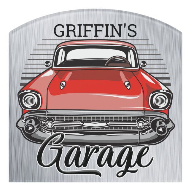 Personalized NAME Retro Red Classic Car Garage Door Sign (Contour Front)