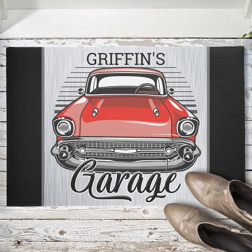 Personalized NAME Retro Red Classic Car Garage Doormat