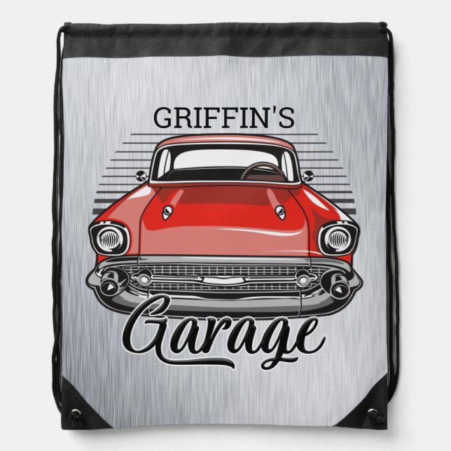 Personalized NAME Retro Red Classic Car Garage Drawstring Bag (Front)