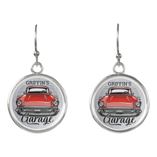 Personalized NAME Retro Red Classic Car Garage Earrings