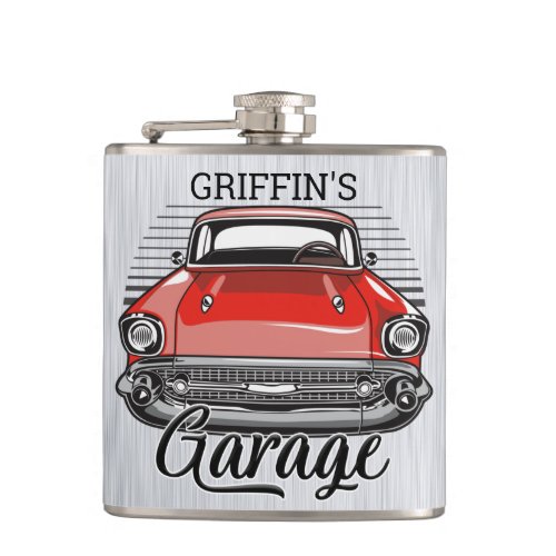 Personalized NAME Retro Red Classic Car Garage Flask