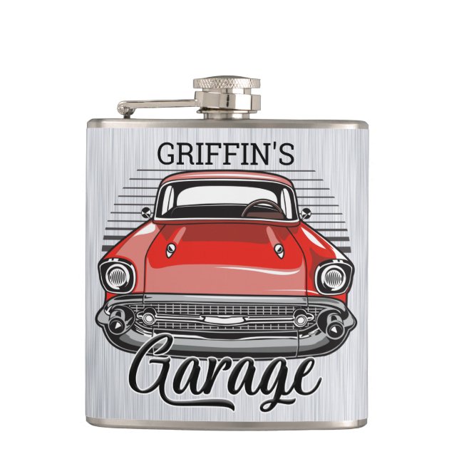 Personalized NAME Retro Red Classic Car Garage Flask (Front)