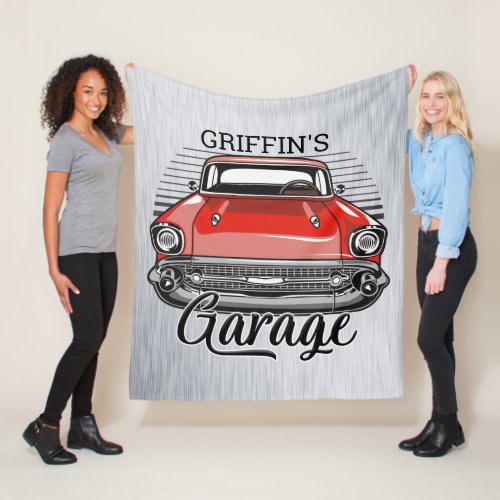 Personalized NAME Retro Red Classic Car Garage Fleece Blanket