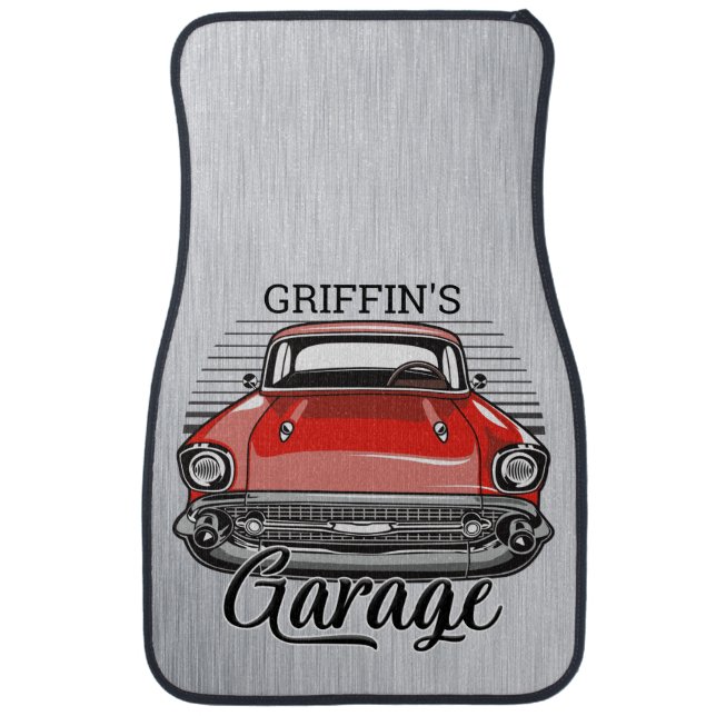 Personalized NAME Retro Red Classic Car Garage Floor Mat (Front)