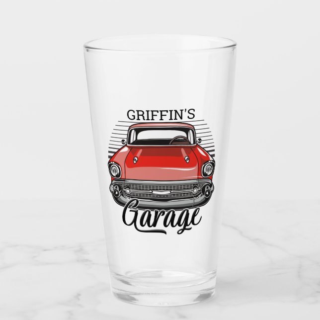 Personalized NAME Retro Red Classic Car Garage Glass (Front)