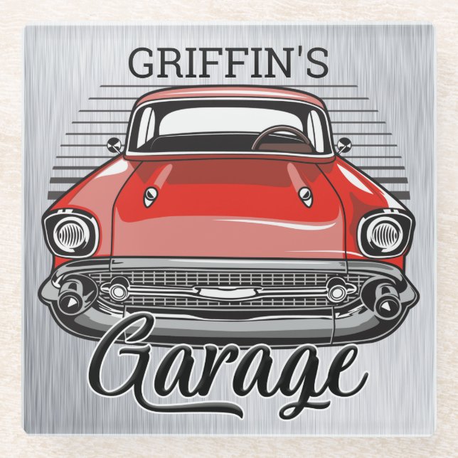 Personalized NAME Retro Red Classic Car Garage Glass Coaster (Front)