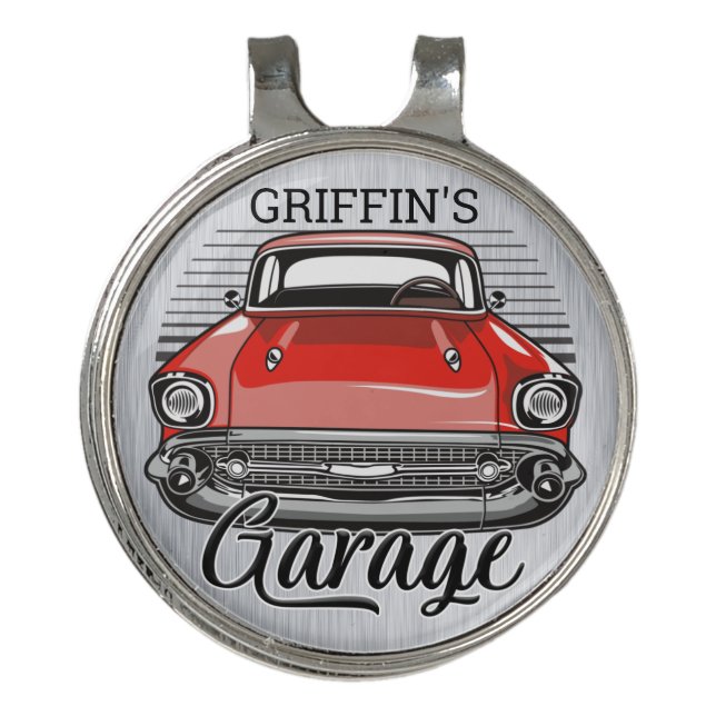Personalized NAME Retro Red Classic Car Garage Golf Hat Clip (Front)