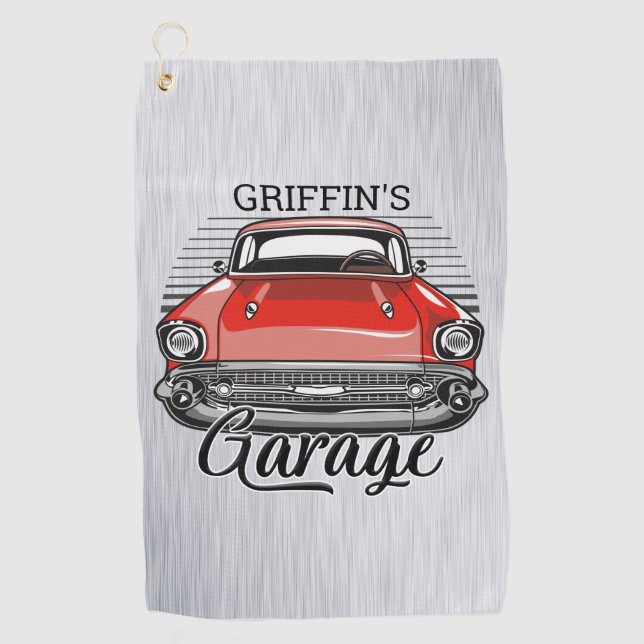 Personalized NAME Retro Red Classic Car Garage Golf Towel (Front)
