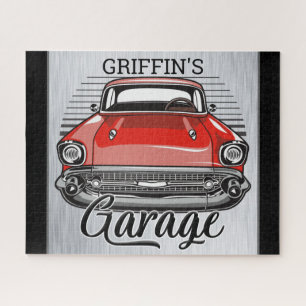 Personalized NAME Retro Red Classic Car Garage Jigsaw Puzzle