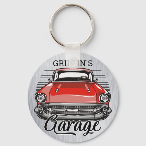 Personalized NAME Retro Red Classic Car Garage Keychain