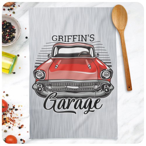 Personalized NAME Retro Red Classic Car Garage Kitchen Towel