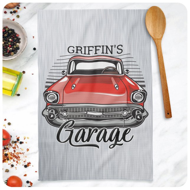 Personalized NAME Retro Red Classic Car Garage Kitchen Towel (Creator Uploaded)
