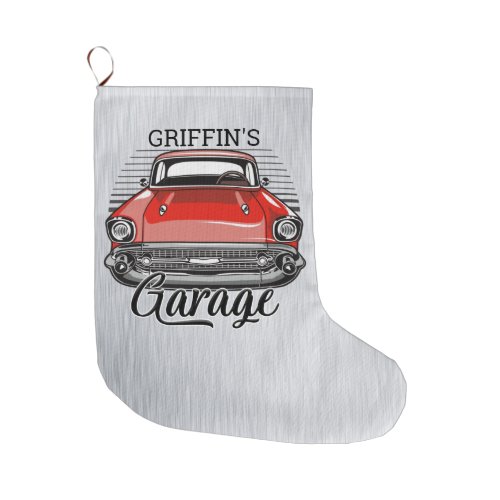 Personalized NAME Retro Red Classic Car Garage Large Christmas Stocking