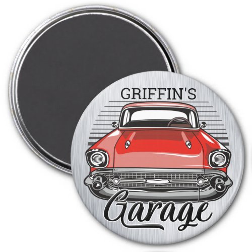 Personalized NAME Retro Red Classic Car Garage Magnet