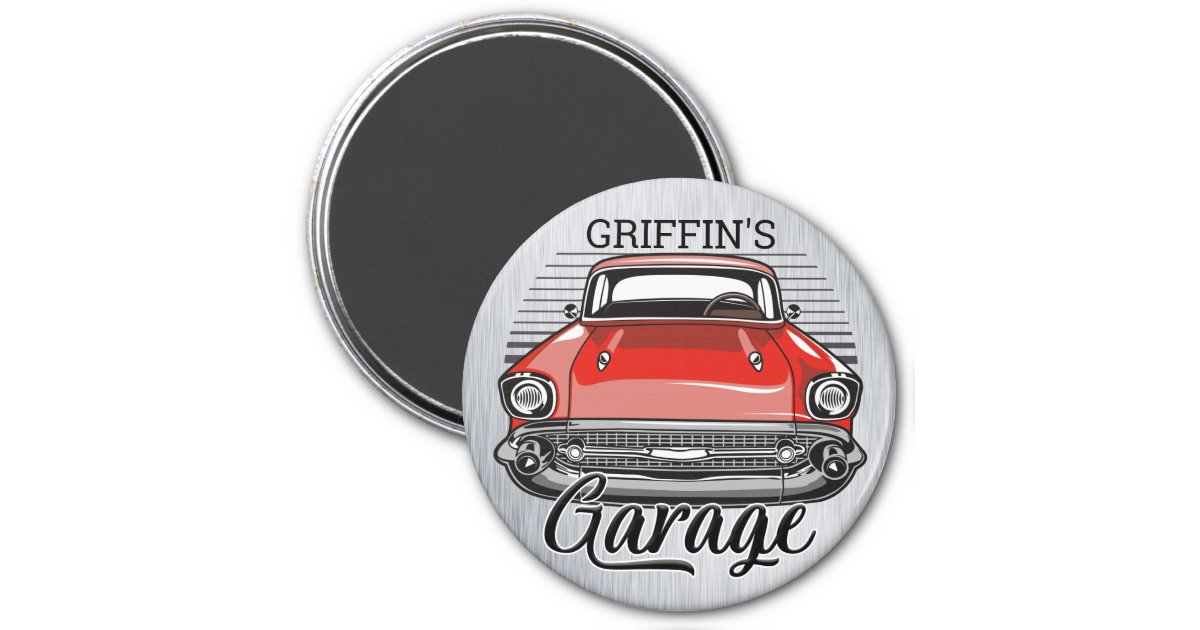 Personalized NAME Retro Red Classic Car Garage Magnet
