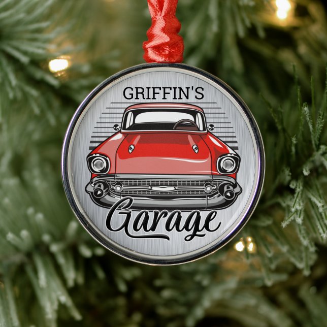 Personalized NAME Retro Red Classic Car Garage Metal Ornament (Tree)