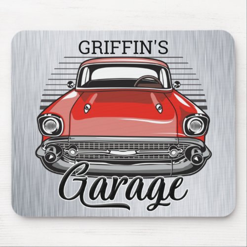 Personalized NAME Retro Red Classic Car Garage Mouse Pad