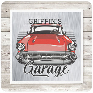 Personalized NAME Retro Red Classic Car Garage Napkins