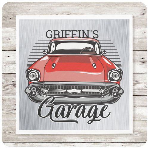 Personalized NAME Retro Red Classic Car Garage Napkins