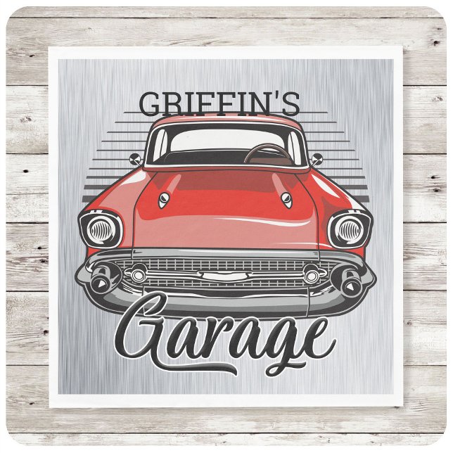 Personalized NAME Retro Red Classic Car Garage Napkins (Creator Uploaded)