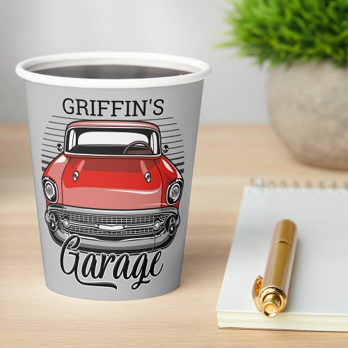 Personalized NAME Retro Red Classic Car Garage Paper Cups