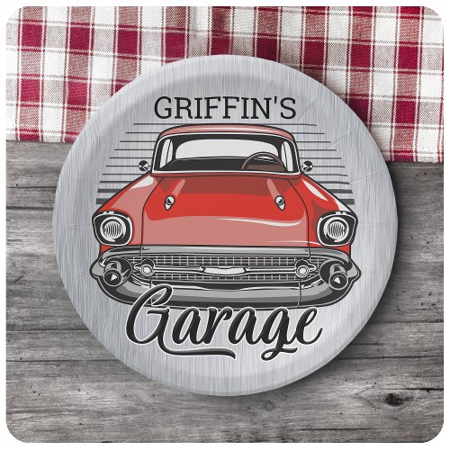 Personalized NAME Retro Red Classic Car Garage Paper Plates