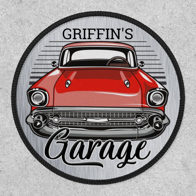 Personalized NAME Retro Red Classic Car Garage Patch (Front)